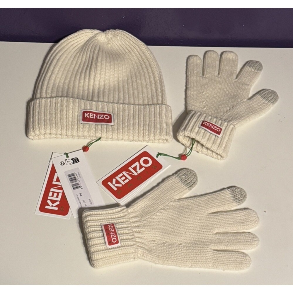 Kenzo Paris Off White Beanie Hat Knit Wool Matching Gloves Lot Rare HTF
